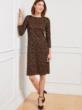 Talbots Faux Leather Trim A-Line Dress  Fall Leopard size 8